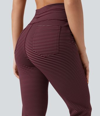 High Waisted Drawstring Stripe Flare Yoga Pants with Pockets