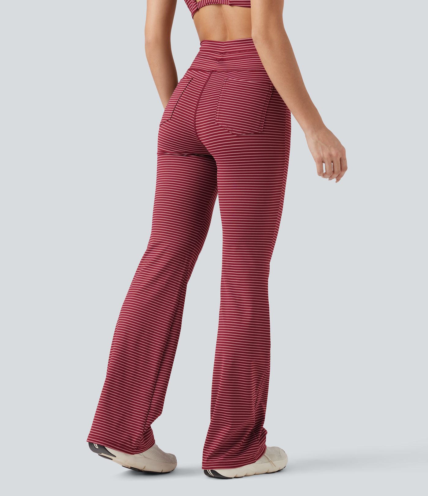 Pantalon de yoga évasé à rayures, taille haute, cordon et poches