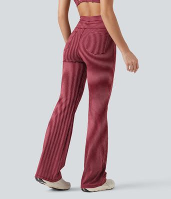 Pantalon de yoga évasé à rayures, taille haute, cordon et poches