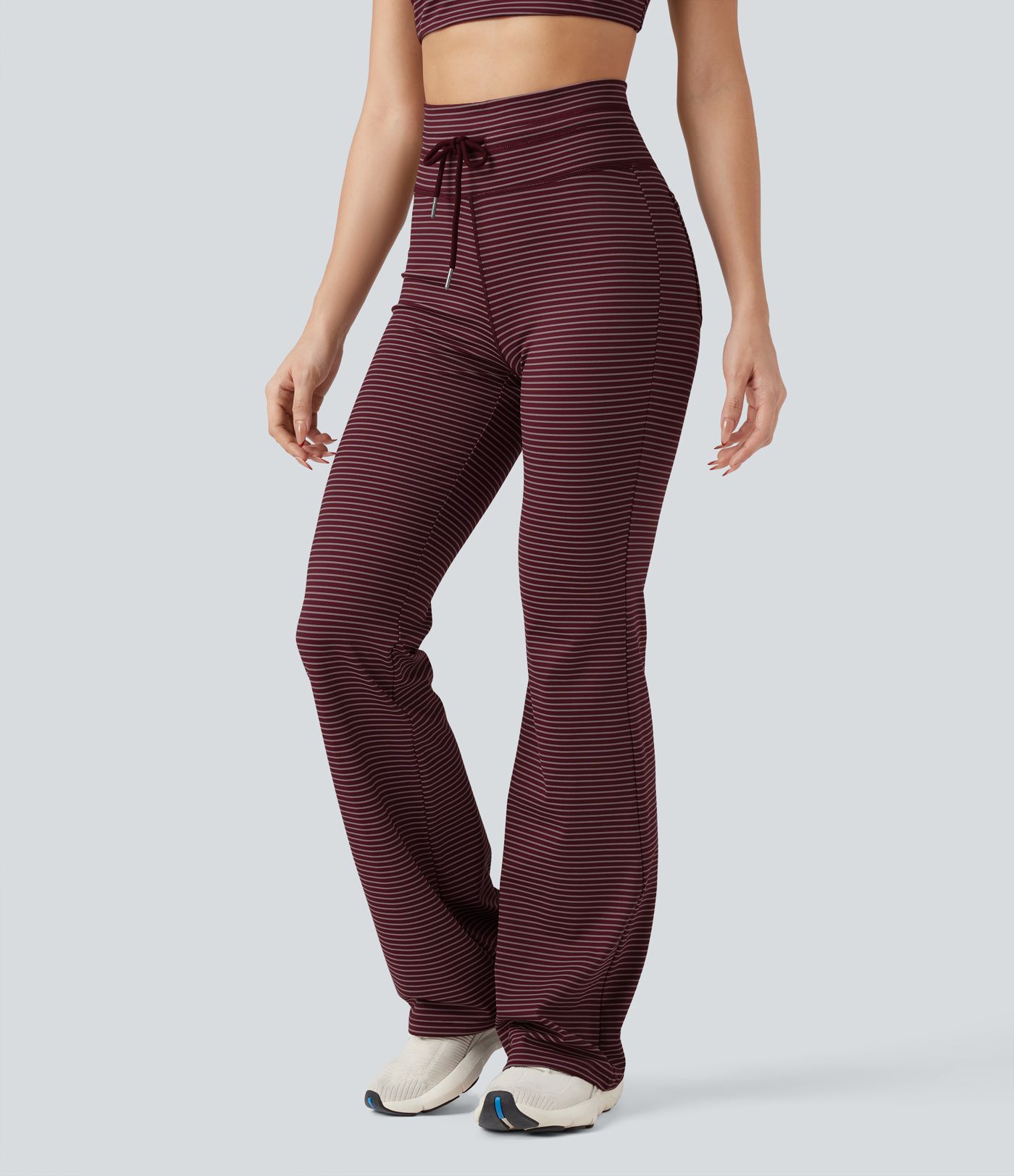 High Waisted Drawstring Stripe Flare Yoga Pants with Pockets