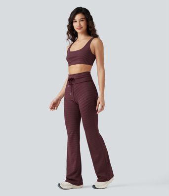 High Waisted Drawstring Stripe Flare Yoga Pants with Pockets