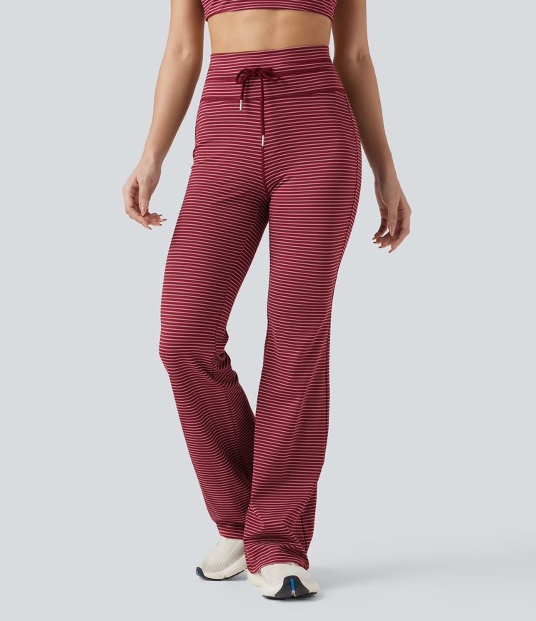 Pantalon de yoga évasé à rayures, taille haute, cordon et poches