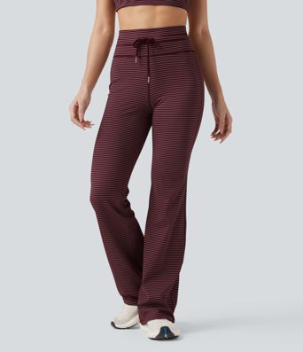 High Waisted Drawstring Stripe Flare Yoga Pants with Pockets