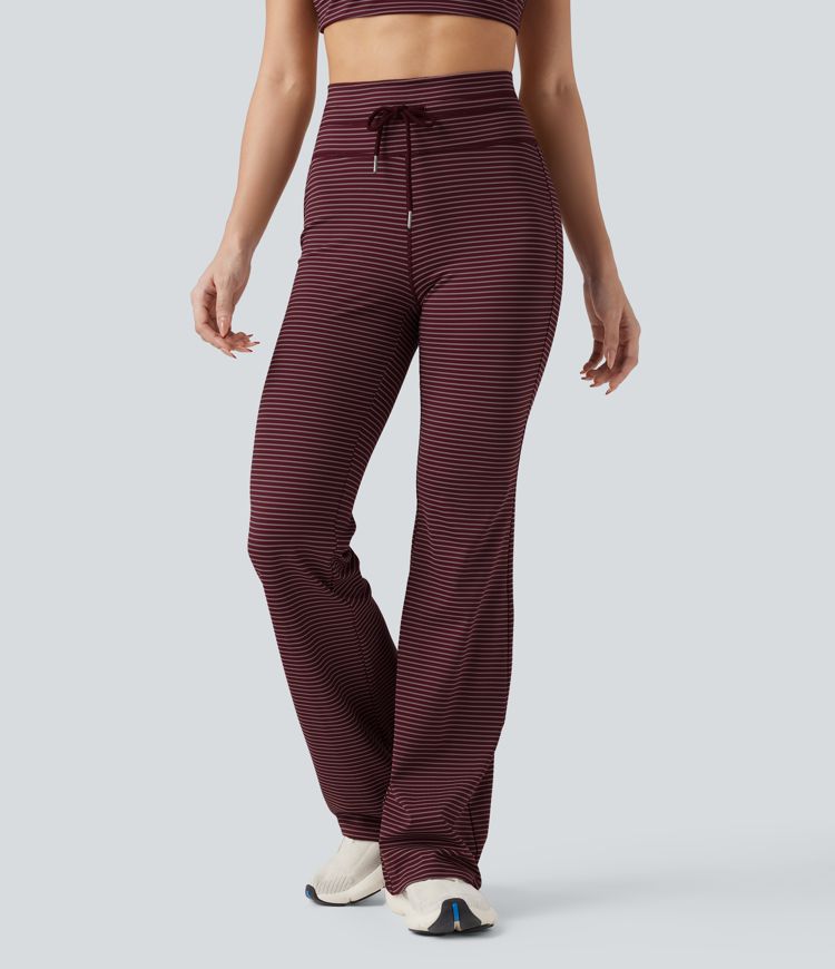 High Waisted Drawstring Stripe Flare Yoga Pants with Pockets