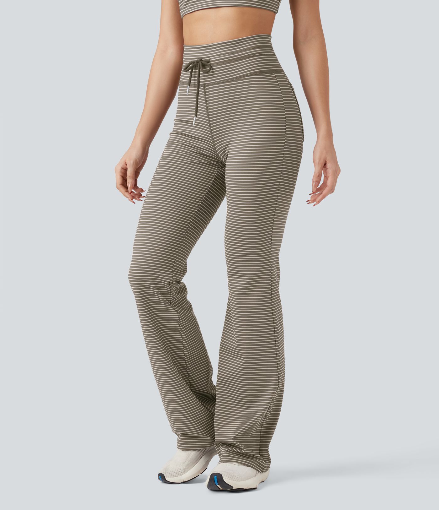 High Waisted Drawstring Stripe Flare Yoga Pants with Pockets