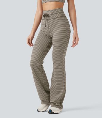 High Waisted Drawstring Stripe Flare Yoga Pants with Pockets