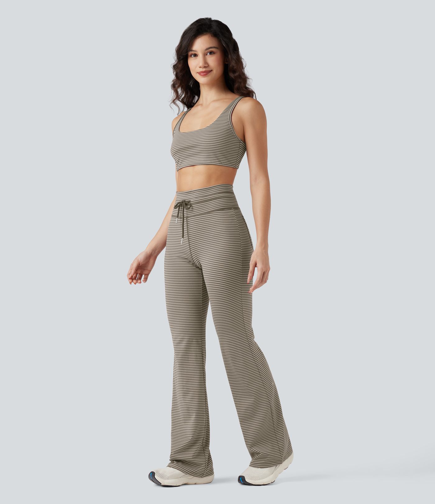 High Waisted Drawstring Stripe Flare Yoga Pants with Pockets