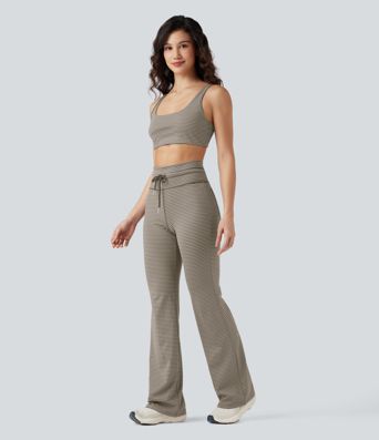 High Waisted Drawstring Stripe Flare Yoga Pants with Pockets