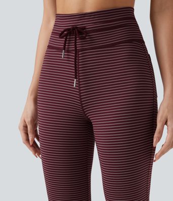 High Waisted Drawstring Stripe Flare Yoga Pants with Pockets