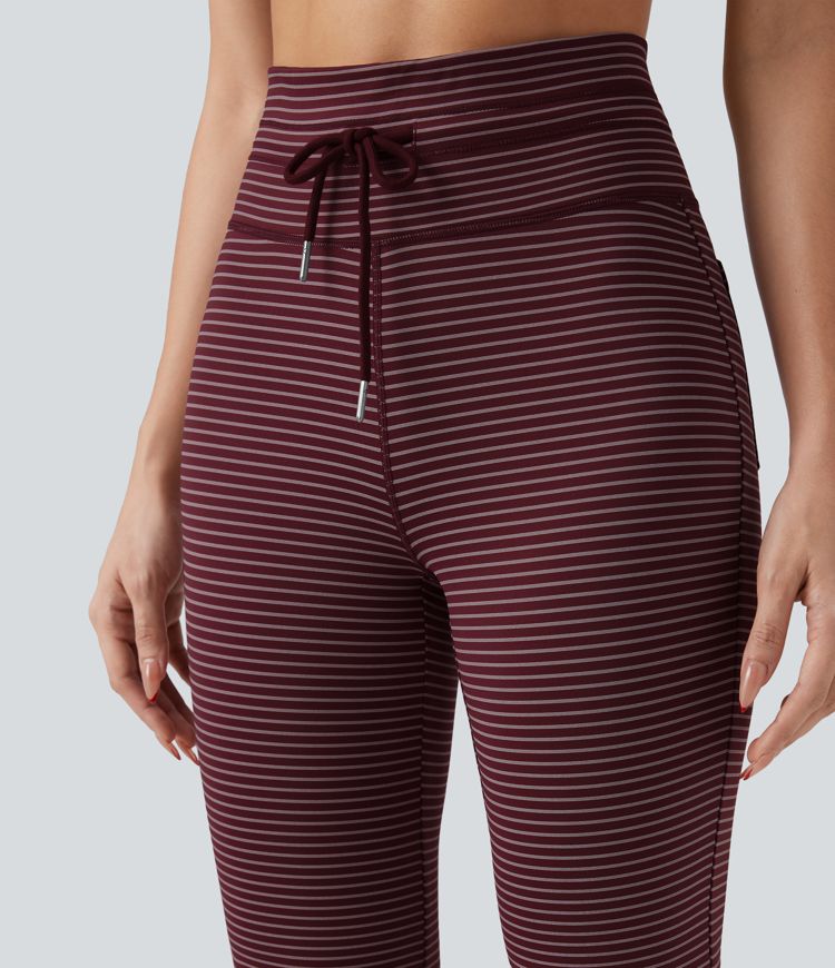 High Waisted Drawstring Stripe Flare Yoga Pants with Pockets