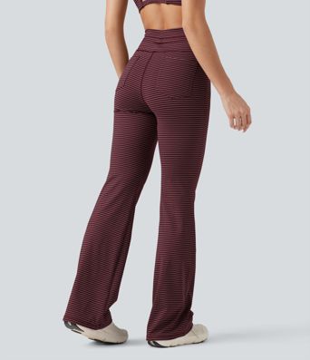 High Waisted Drawstring Stripe Flare Yoga Pants with Pockets