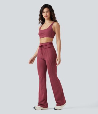 Pantalon de yoga évasé à rayures, taille haute, cordon et poches