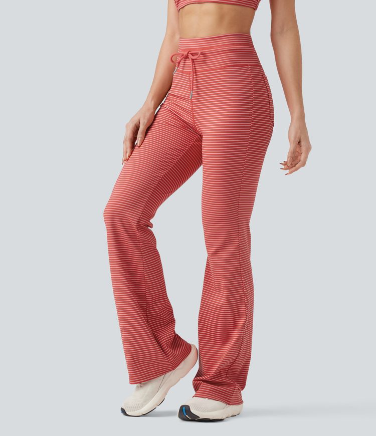 High Waisted Drawstring Stripe Flare Yoga Pants with Pockets