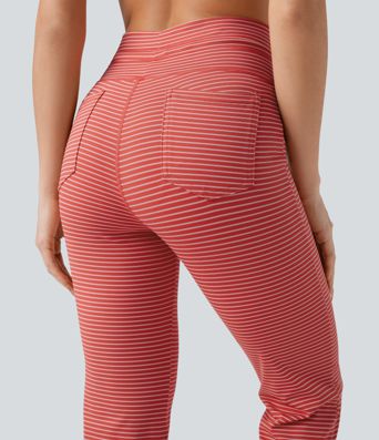 High Waisted Drawstring Stripe Flare Yoga Pants with Pockets