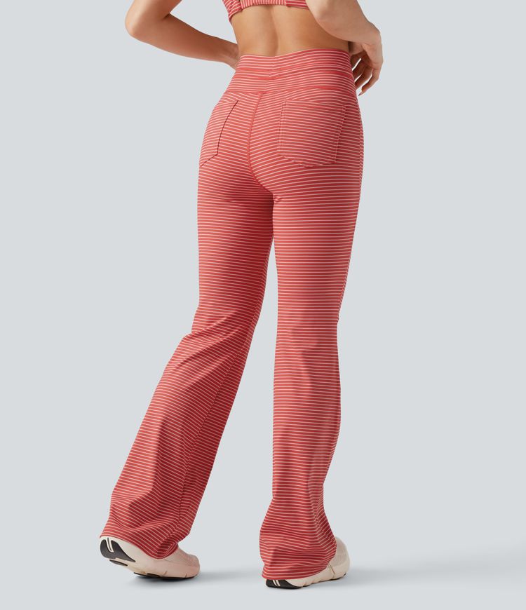 High Waisted Drawstring Stripe Flare Yoga Pants with Pockets
