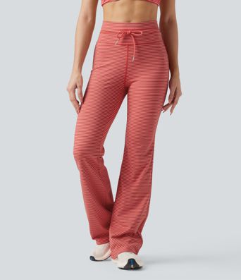 High Waisted Drawstring Stripe Flare Yoga Pants with Pockets