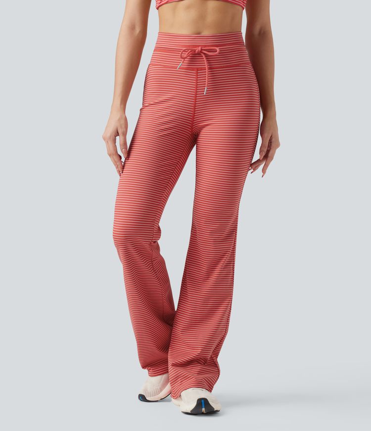 High Waisted Drawstring Stripe Flare Yoga Pants with Pockets