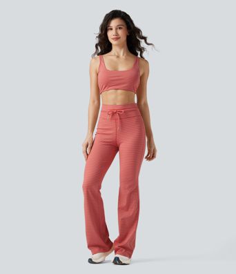 High Waisted Drawstring Stripe Flare Yoga Pants with Pockets