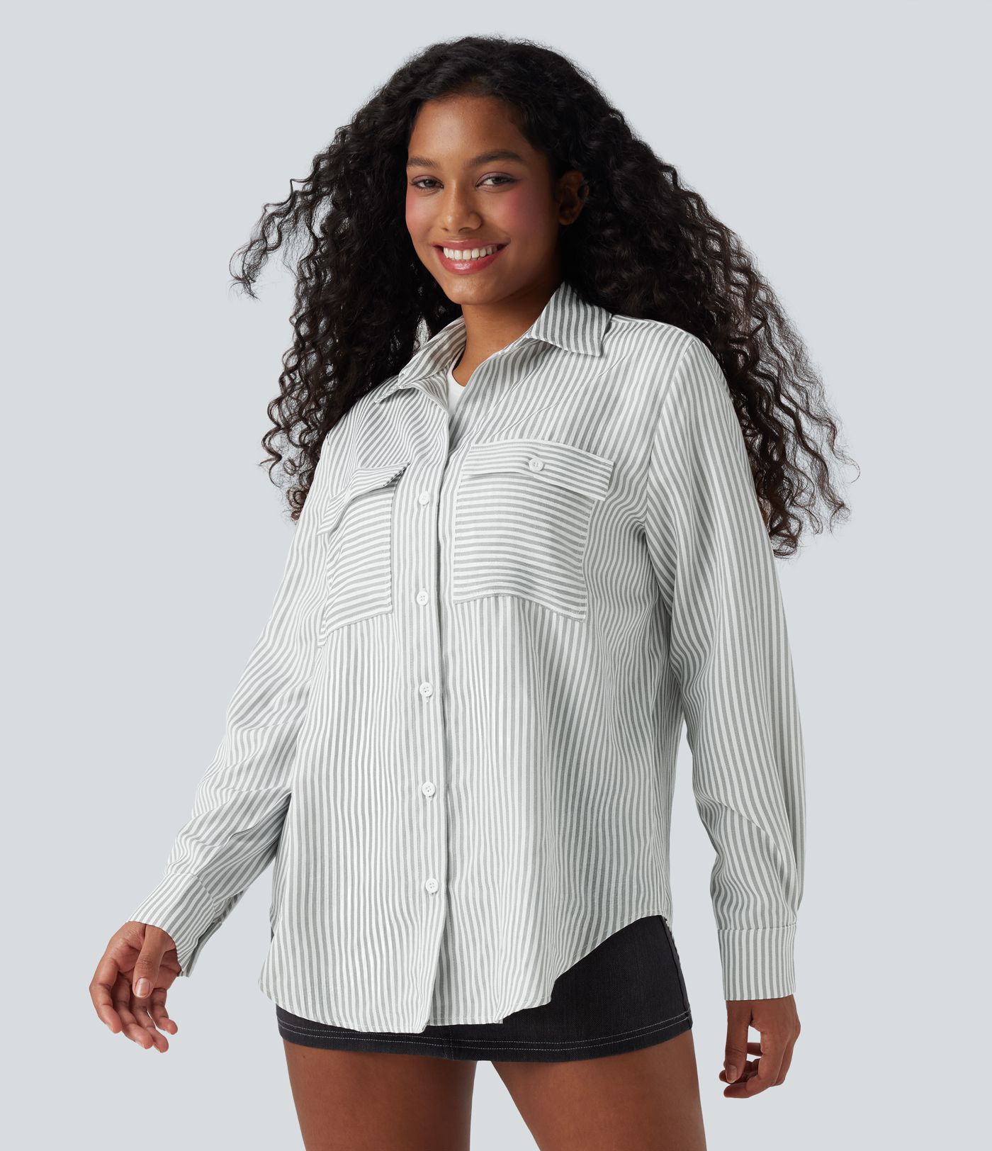 Long Sleeve Stripe Curved Hem Casual Shirt