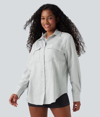 Long Sleeve Stripe Curved Hem Casual Shirt