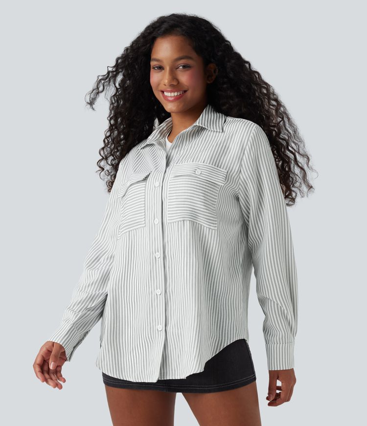 Long Sleeve Stripe Curved Hem Casual Shirt