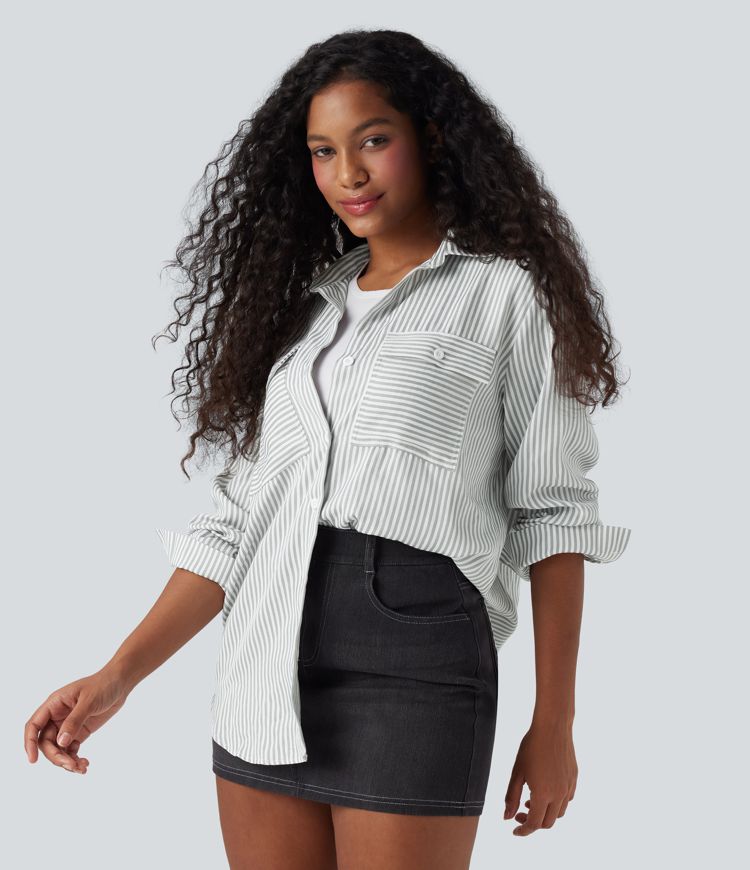 Long Sleeve Stripe Curved Hem Casual Shirt