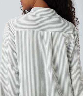 Long Sleeve Stripe Curved Hem Casual Shirt