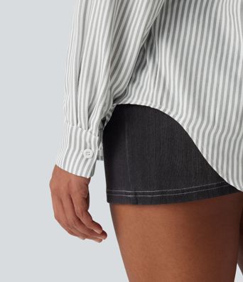 Long Sleeve Stripe Curved Hem Casual Shirt