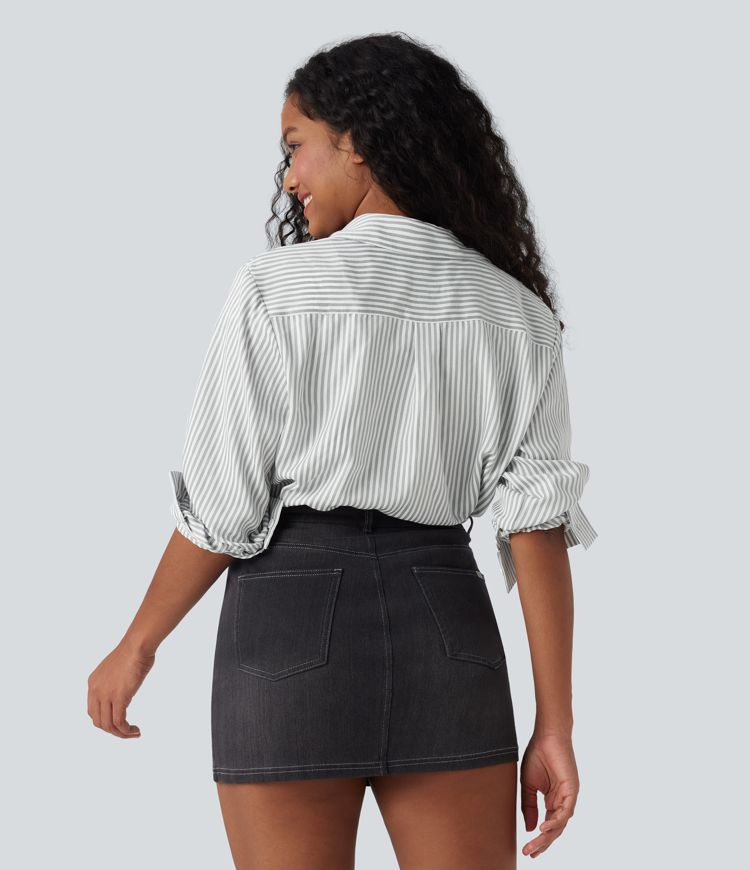 Long Sleeve Stripe Curved Hem Casual Shirt