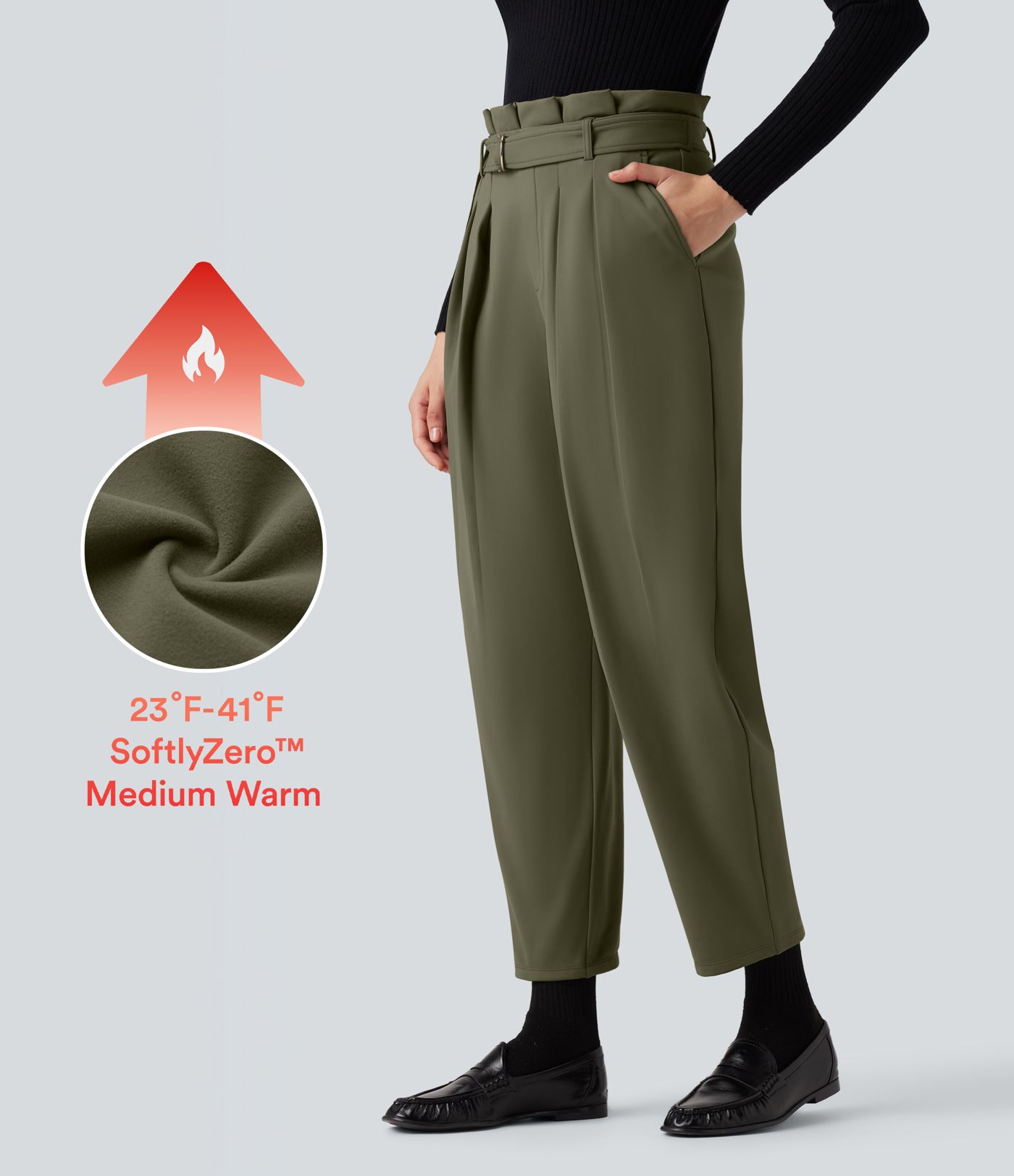 SoftlyZero™ Plush Thermal Super High Waisted Belted Tapered Work Trousers with Pockets