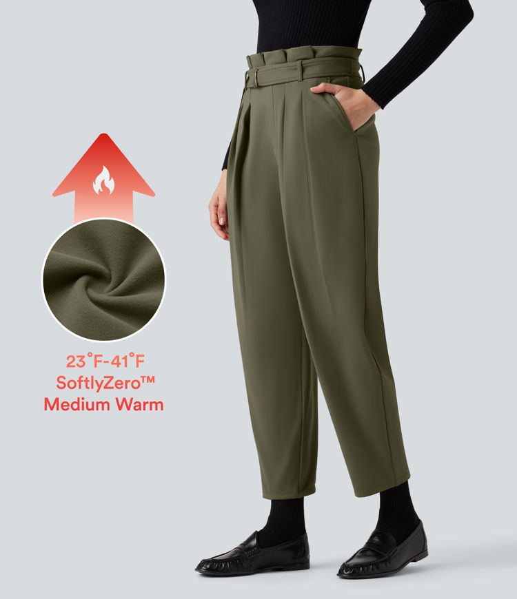 SoftlyZero™ Plush Thermal Super High Waisted Belted Tapered Work Trousers with Pockets