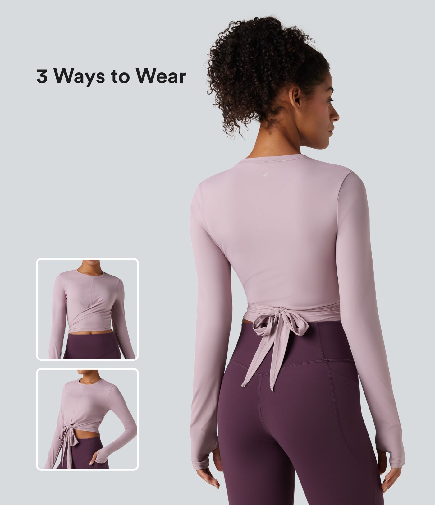 Softlyzero™ Airy - Kurzes Yoga-Top mit Rundhalsausschnitt, langen Ärmeln, Daumenlöchern, Cool-Touch und Bindeband hinten