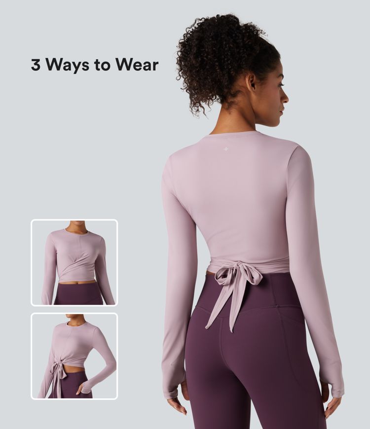 Softlyzero™ Airy - Kurzes Yoga-Top mit Rundhalsausschnitt, langen Ärmeln, Daumenlöchern, Cool-Touch und Bindeband hinten