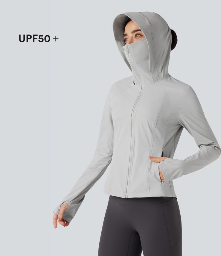 Hooded Long Sleeve Thumb Hole Zipper Hiking Jacket with Pockets-UPF40+