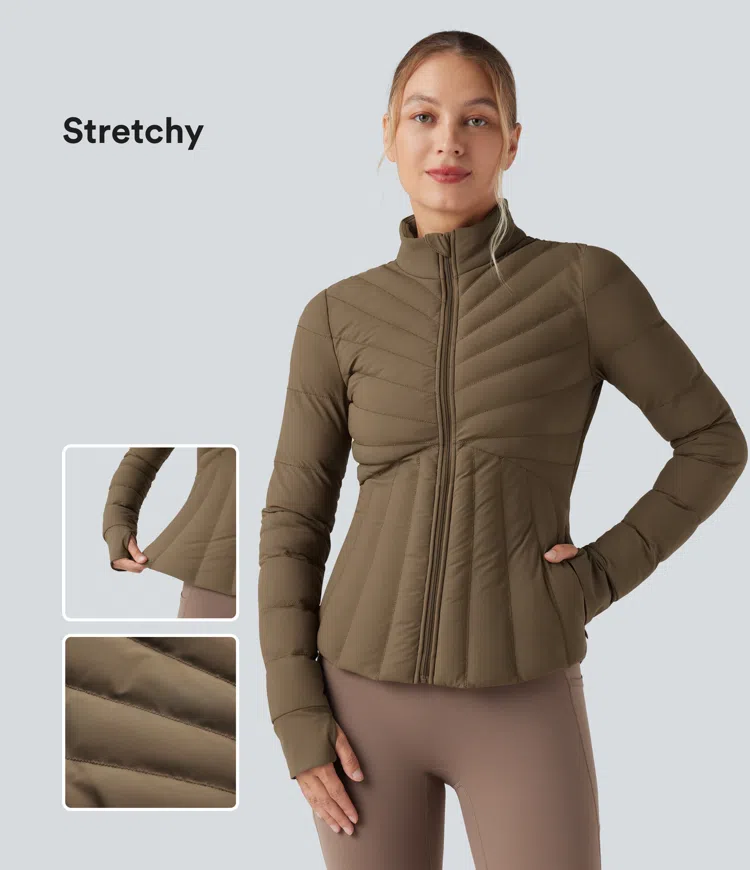 PuffFlex Stand Collar Thumb Holes Stretchy Workout Quilted Jacket with Pockets
