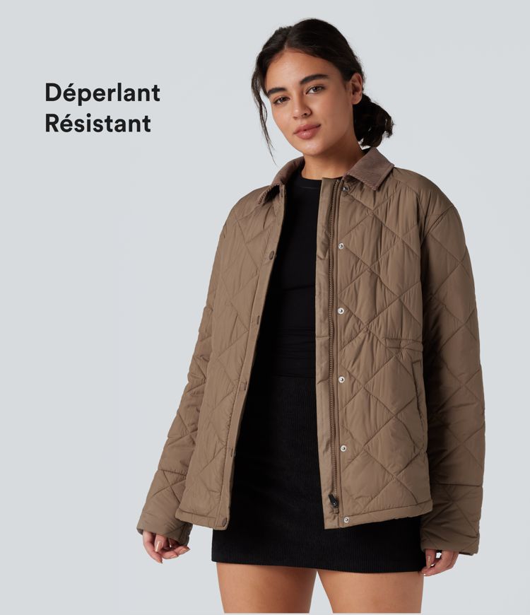 Veste matelassée velours côtelé contrastant avec cordon de serrage et poches