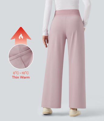High Waisted Straight Leg Fleece Casual Trousers with Pockets