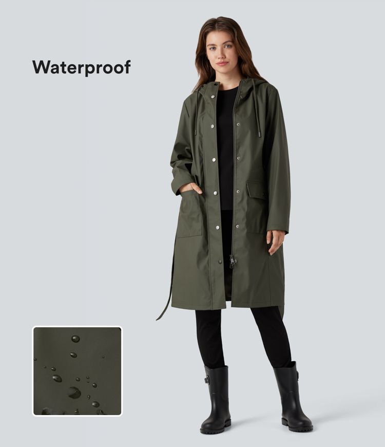 Waterproof Hooded Long Sleeve Belted PU-Like Casual Longline Jacket with Pockets