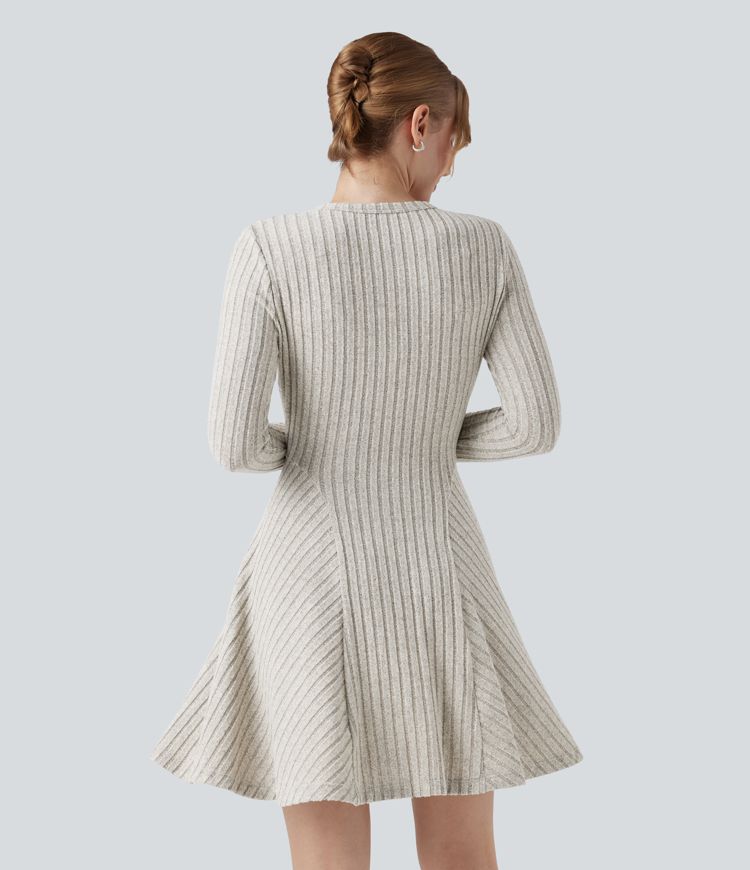 Robe courte évasée décontractée côtelée col rond à manches longues