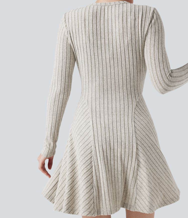 Robe courte évasée décontractée côtelée col rond à manches longues