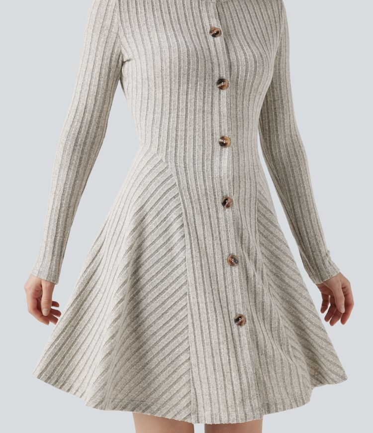 Robe courte évasée décontractée côtelée col rond à manches longues