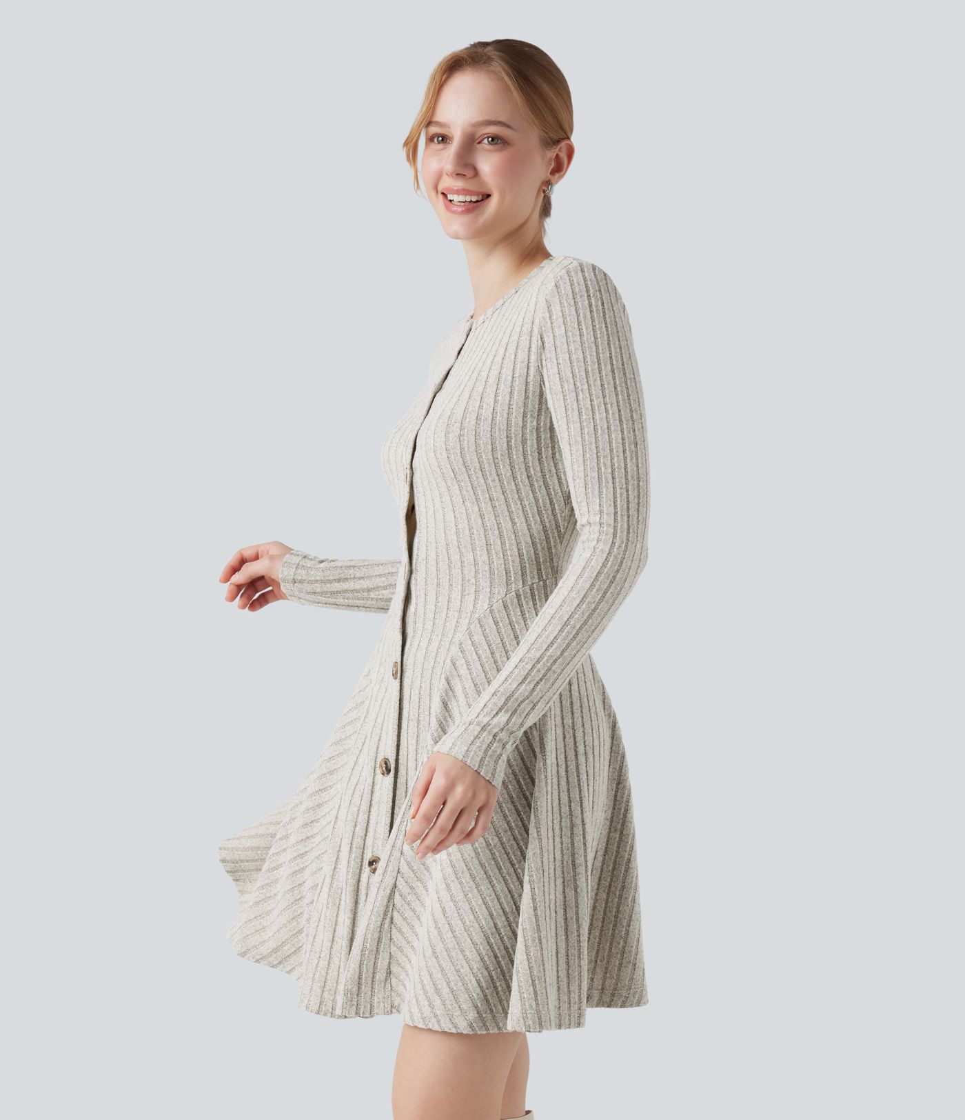 Robe courte évasée décontractée côtelée col rond à manches longues