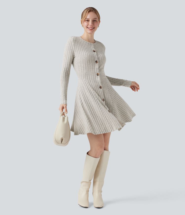 Robe courte évasée décontractée côtelée col rond à manches longues