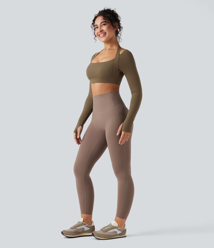 SoftlyZero™ Plush Adjustable Halter Long Sleeve Thumb Holes Cropped Yoga Sports Top