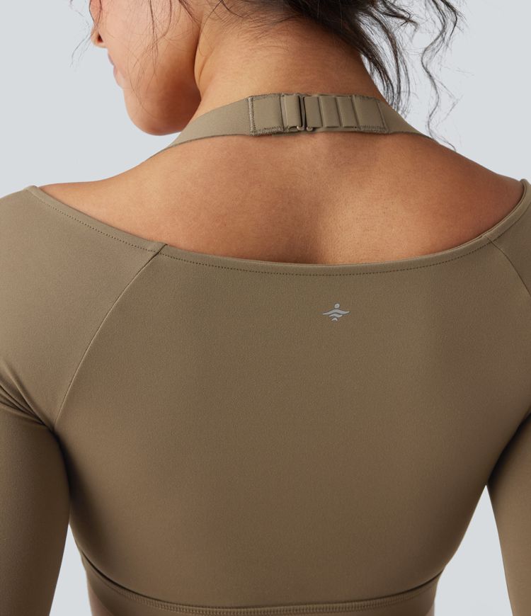 SoftlyZero™ Plush Adjustable Halter Long Sleeve Thumb Holes Cropped Yoga Sports Top