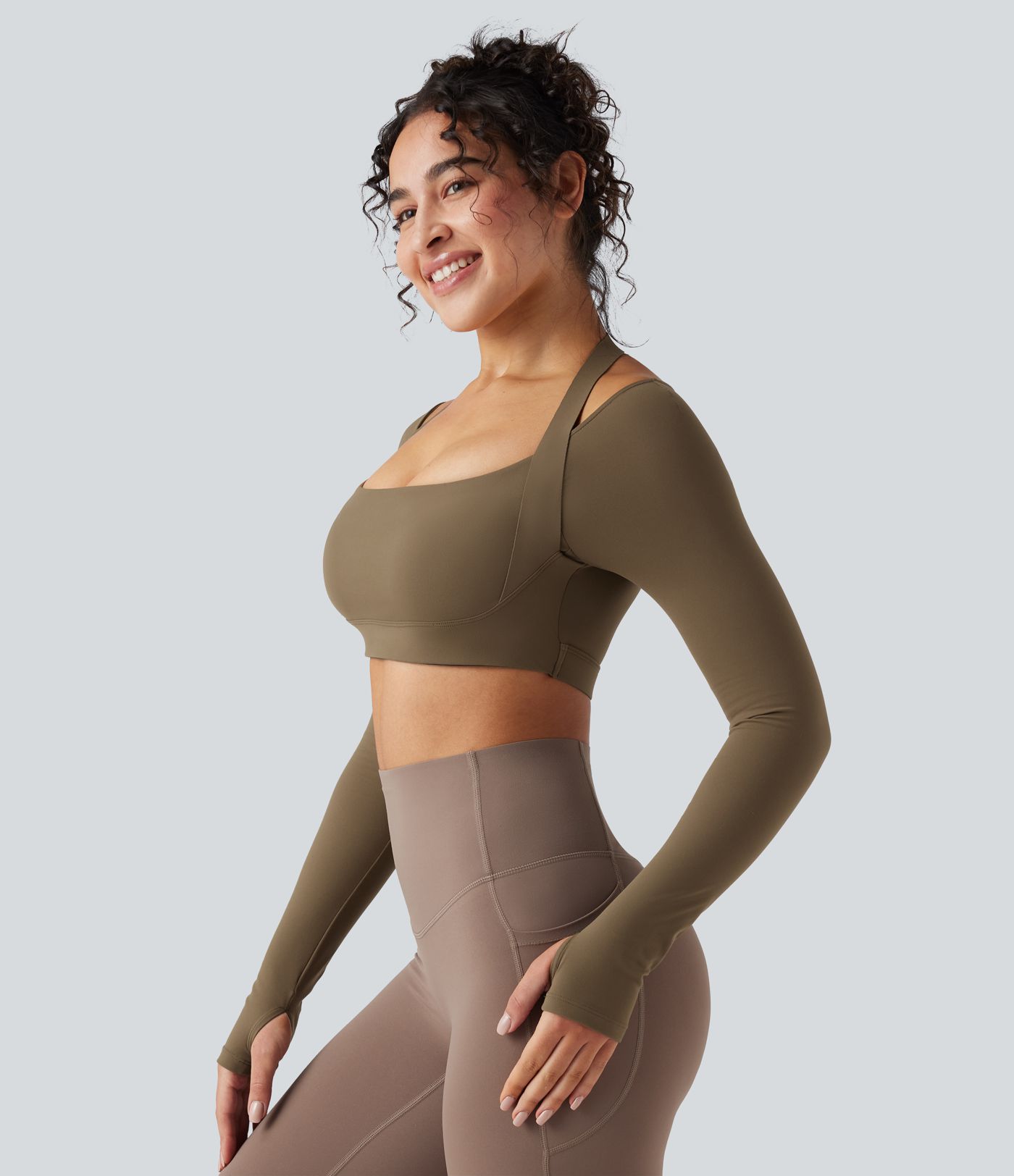 SoftlyZero™ Plush Adjustable Halter Long Sleeve Thumb Holes Cropped Yoga Sports Top
