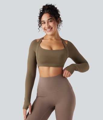 SoftlyZero™ Plush Adjustable Halter Long Sleeve Thumb Holes Cropped Yoga Sports Top