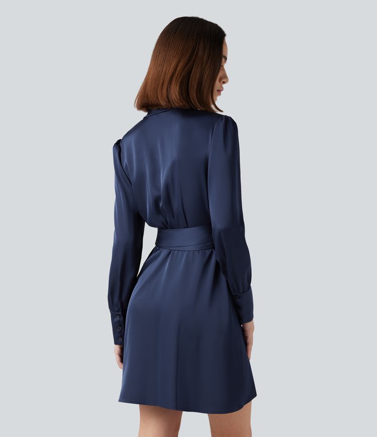 V Neck Long Sleeve Belted Mini Work Dress