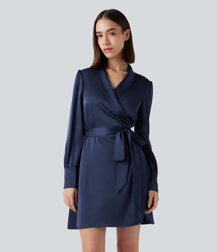 V Neck Long Sleeve Belted Mini Work Dress