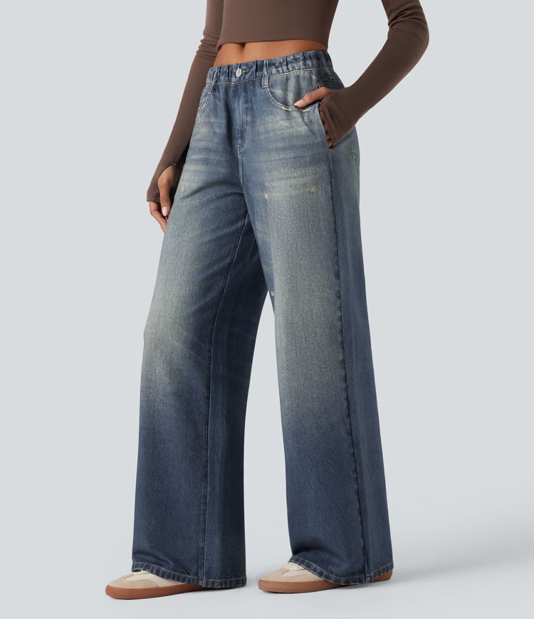 Halara Flex™ Mid Rise Wide Leg Casual French Terry Baggy Sweatpants Jeans with Pockets